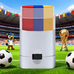 Detailed view of a three-color fan face paint stick in a football stadium setting