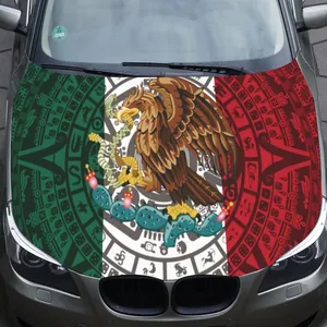 Close-up detail of Mexican flag hood cover with Eagle and Aztec calendar pattern