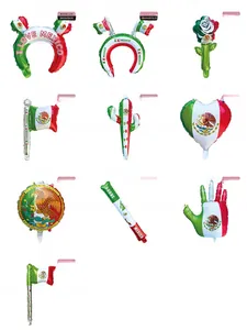 Variety of Mexico-themed party balloons including headbands, hand sticks and cactus shape.