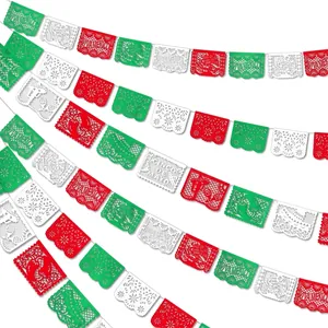 Close-up of colorful plastic Mexican Papel Picado banners for Cinco de Mayo celebrations