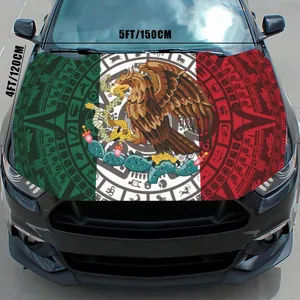 Detailed view of Mexican flag car hood cover showing 150x120cm dimensions on a car