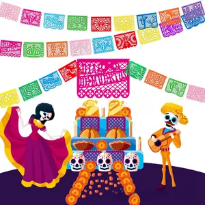 Colorful Mexican Papel Picado banners with Day of the Dead skeleton illustrations