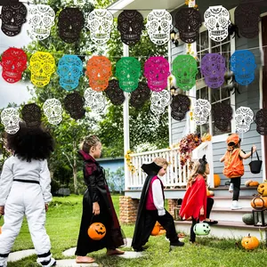 Vibrant Mexican skull banners for outdoor party decor and Dia de los Muertos festivals