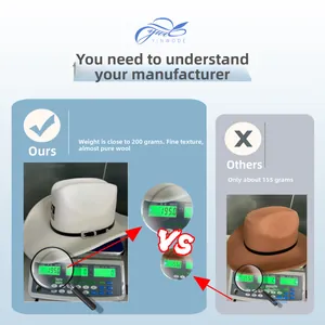 Detail showing weight comparison of white wool-like felt cowboy hat vs lighter ones