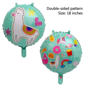 Detail von 18-Zoll-Mintgrün-Folienballons mit süßen Lama- und Einhorn-Mustern-Drucken