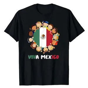 Black cotton t-shirt featuring Viva Mexico flag print with diverse cartoon kids graphic