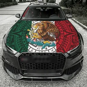 Detail of Mexican flag car hood cover with Aztec eagle design on black car