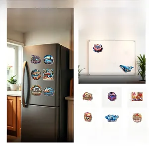 Collage che mostra magneti da frigo 3D di città su frigorifero e lavagna bianca