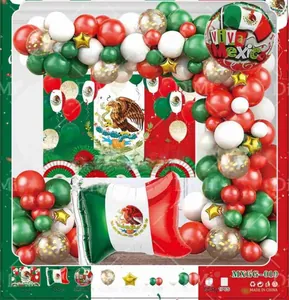 Mexican Independence Day balloon arch kit featuring flag foil balloons and backdrop.