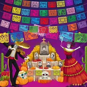 Close-up of colorful Mexican Papel Picado banners hanging in a festive party setting