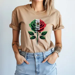 Detailed view of Mexican flag rose heat transfer print on khaki t-shirt