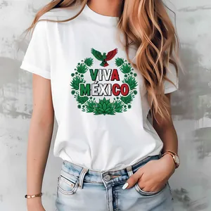 Close-up of vibrant Viva Mexico heat transfer design printed on a white cotton T-shirt