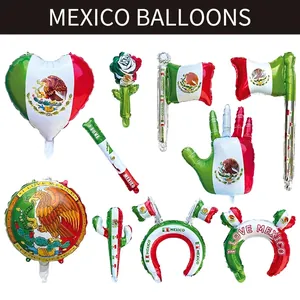 Set di Palloncini in Alluminio per Giorno dell'Indipendenza del Messico Motivo Bandiera Cuore Cactus Rosa Cerchietto Bastone Portatile Decorazioni Festa