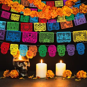 Vibrant Mexican party bunting with festive candles and marigolds decoration
