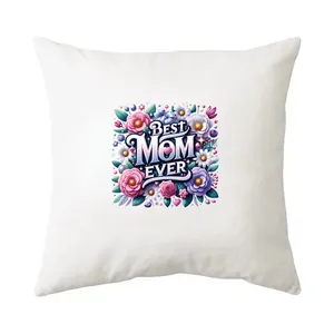 Detailed view of 'Best Mom Ever' floral heat transfer print on a white pillowcase.