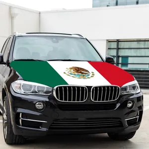 Detail of Mexican Flag car hood cover installed on a black SUV hood, 120x150cm size.