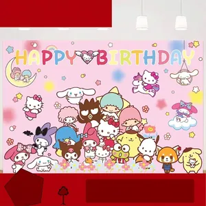 Roze Sanrio figuren Happy Birthday fotografie achtergrond voor kinderfeestjes