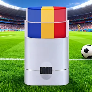 Tricolor face paint stick for football fans with Romania flag colors on stadium backdrop