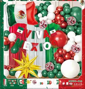 Detail layout of Mexican flag themed balloon arch kit with Viva Mexico banner