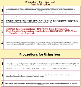 Instruction manual for heat transfer stickers showing specific temperature and time settings
