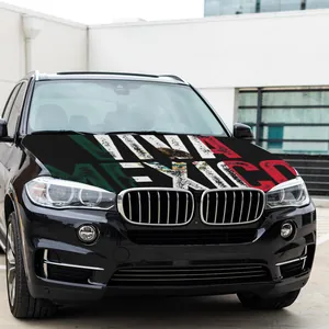 Detailed view of Mexico flag car hood cover with Viva Mexico text on a black SUV