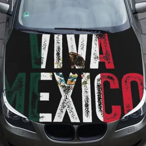 Detailed view of Viva Mexico car hood cover with flag colors and eagle emblem