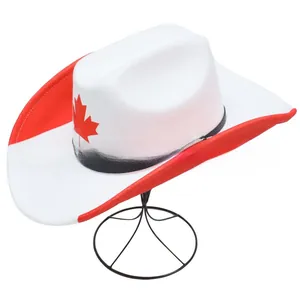 Detailed side view of a white felt cowboy hat featuring red Canada flag maple leaf design on a stand