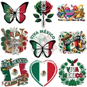 Mexican Independence Day Heat Transfer Patches Viva Mexico Theme Butterfly Rose Girl Messy Bun Iron On Stickers For DIY Clothes