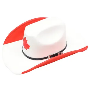 Detailed view of white and red felt cowboy hat featuring maple leaf and buckle strap