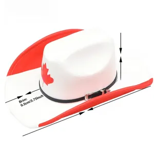 White felt cowboy hat with red maple leaf print and specific size dimensions shown