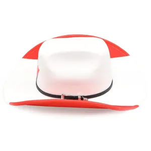Macro view showing the texture of a red and white felt cowboy hat with a black band