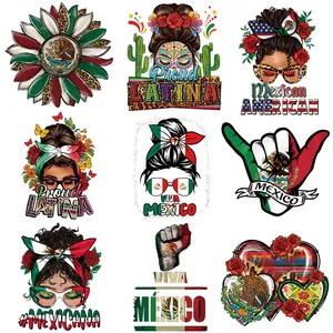 Mexican Independence Day Heat Transfer Patches For Clothing Iron On Decals DIY T-Shirt Ethnic Proud Mexicana Sunflower Design