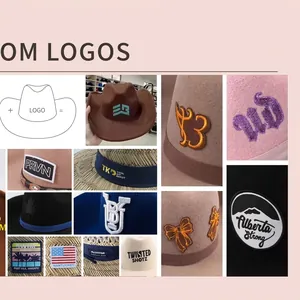 Logotipos y parches bordados personalizados en varios sombreros vaqueros de fieltro