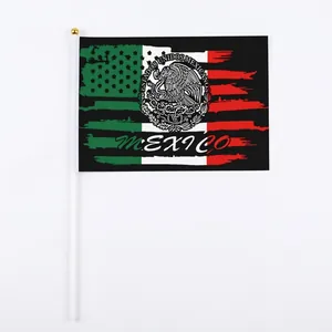 Mexican Independence Day hand flag 14x21cm with eagle emblem and stripes