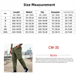 Size chart for men's multi-pocket olive cargo pants with CM and INCH measurements