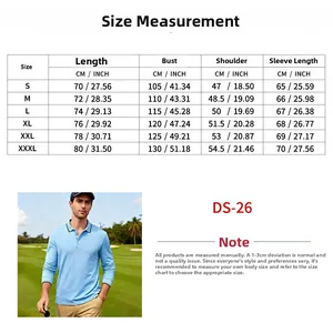 Detaillierte Größentabelle für Herren Langarm Golf Poloshirt in Hellblau, atmungsaktiv.