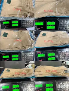 Detail view showing weight measurements for men's khaki cargo shorts in various sizes