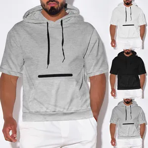 Front view of men's casual hooded short sleeve t-shirts in gray, white and black colors