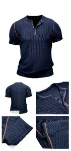 Macro views of navy blue textured Henley T-shirt featuring breathable waffle fabric