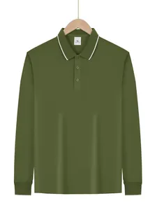 Front view of a men's olive green quick-dry long-sleeve Polo shirt on a wooden hanger