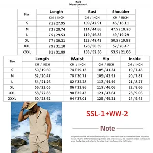 Detailed size chart for men's linen sleeveless beach shirt and shorts set