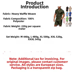 Men's heavy waffle polo and shorts set with detailed fabric weight and material specs.