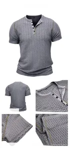 Detailed view of men's grey waffle textured Henley t-shirt with short sleeves and buttons