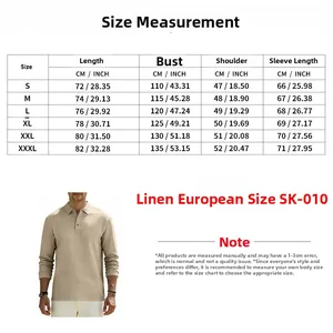 Size chart for men's linen long-sleeve polo shirt with CM and inch measurements for fit.