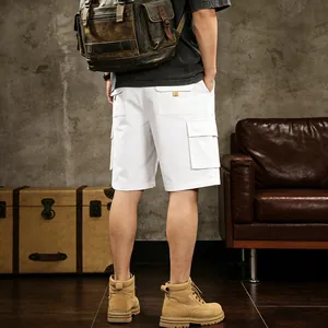 Rear detail view of men's white outdoor cargo shorts with multiple utility pockets