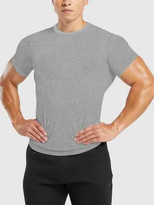 Detail view of men's athletic grey quick-dry crew neck t-shirt for fitness training