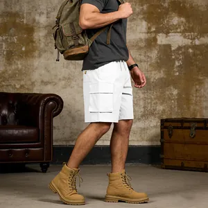 Side view of white men's cargo shorts with functional side pockets