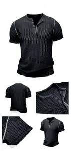 Detailed views showing texture and angles of men's slim fit black waffle Henley shirt