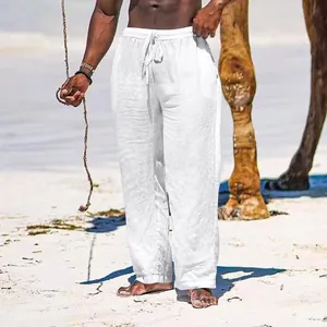 Detailed look of white breathable cotton linen drawstring beach trousers for men