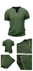Detail views of green men's slim fit textured Henley shirt with contrast stitching